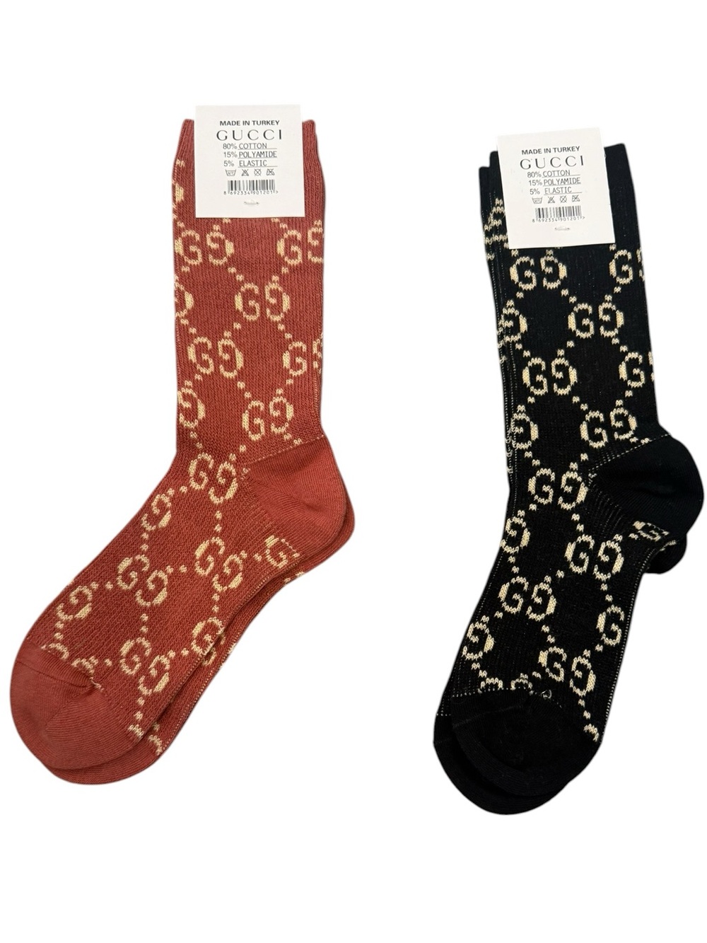 2 Pair Gucci Outlet GG Monogram Crew Socks — Black & Gold / Rust $ Gold